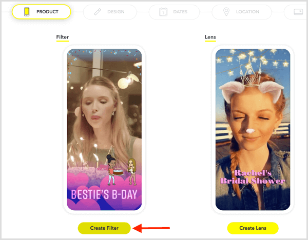 Klik op Filter maken om een ​​Snapchat-geofilter voor je evenement in te stellen.