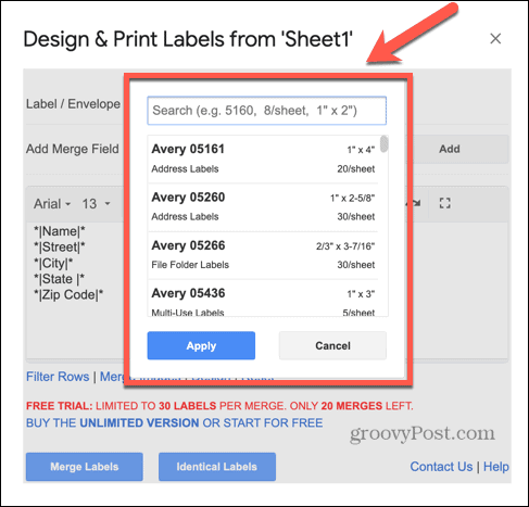 Google Spreadsheets labeltypen