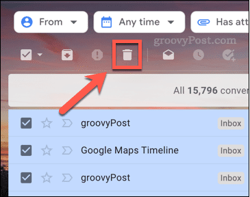 Het pictogram om e-mails in Gmail te verwijderen