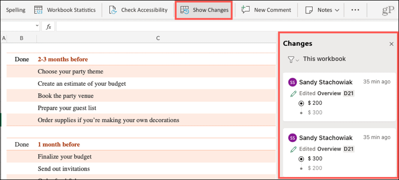 Wijzigingen in Excel online weergeven