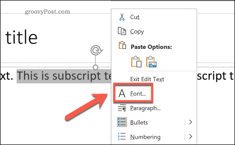 Toegang tot het menu Lettertype-opties in PowerPoint op Windows via het pop-upmenu met opties