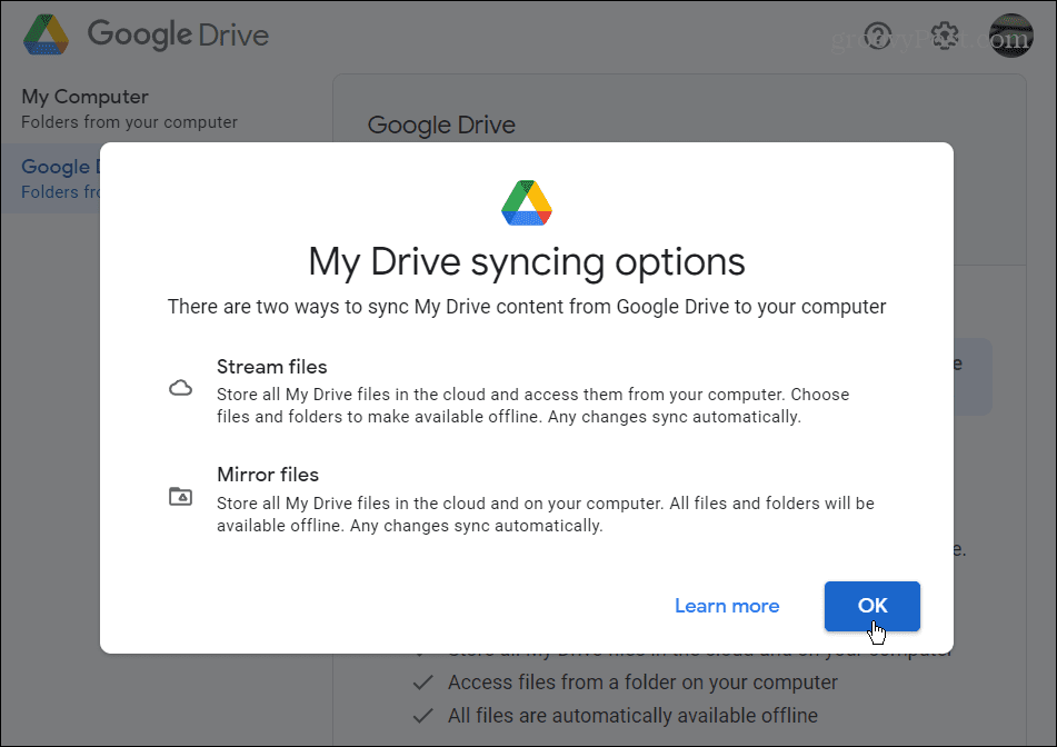 Google Drive Sync-instellingen