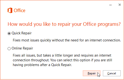 Office 365 Online reparatie