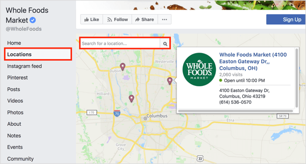 Als u op het tabblad Locaties op een Facebook-pagina klikt, worden afzonderlijke locaties op een kaart weergegeven. 
