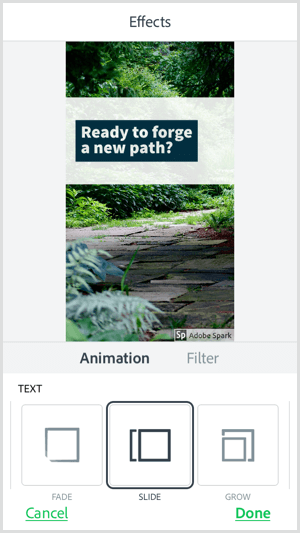 Selecteer een tekstanimatieoptie met de mobiele app Adobe Spark Post.