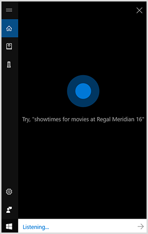 Cortana, de conversatie-interface van Windows, is een zwart verticaal vak met een blauwe stip in het midden. Een wit veld onderaan geeft aan dat een Windows-apparaat luistert.
