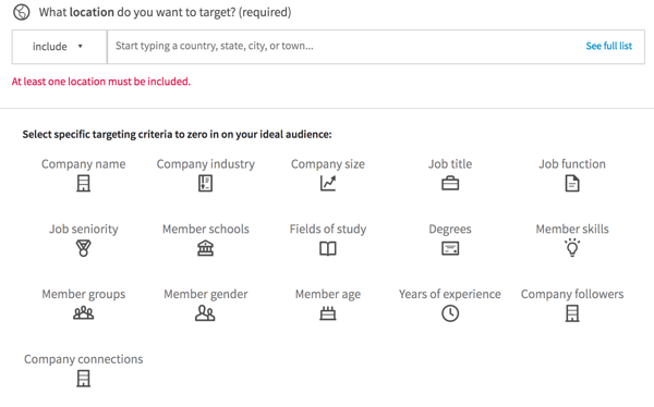 LinkedIn biedt deze opties om uw targeting te verfijnen op basis van werkdetails.