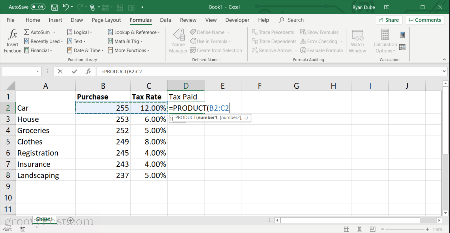 het gebruik van de productfunctie in Excel