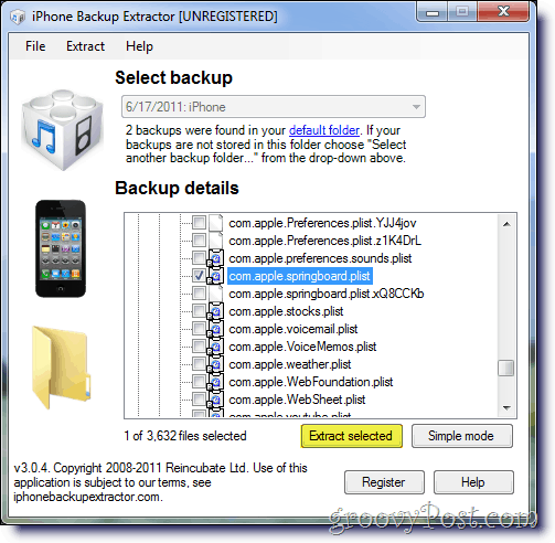 iPhone Backup Extractor selecteert Apple Springboard .plist