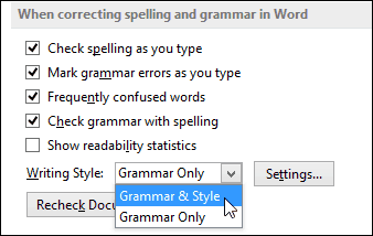 Word 2013 configureren grammatica en stijl drop-down