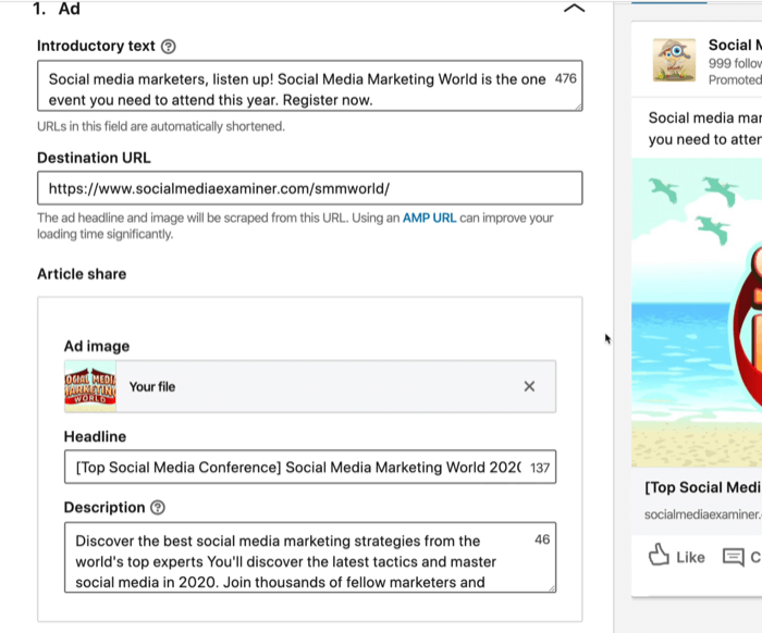 screenshot van inleidende tekst, bestemmings-URL, kop en beschrijvingsvelden voor LinkedIn-advertentie