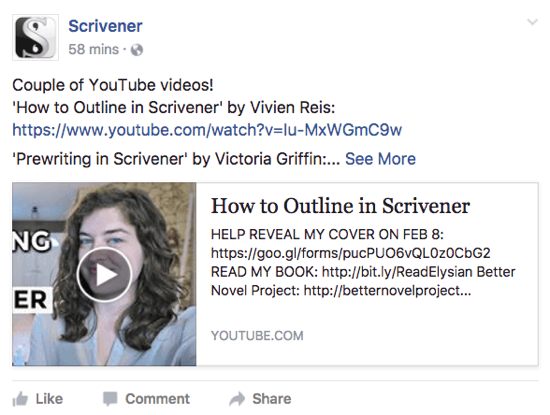 Scrivener deelt een YouTube-video die gebruikers misschien leuk vinden op zijn Facebook-pagina.