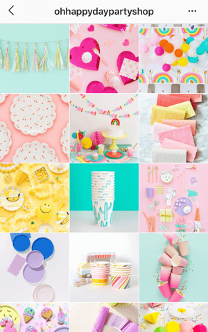 Hoe u uw Instagram-foto's kunt verbeteren, Instagram-feedthema-voorbeeld van Oh Happy Day Party Shop met een helder kleurenpalet