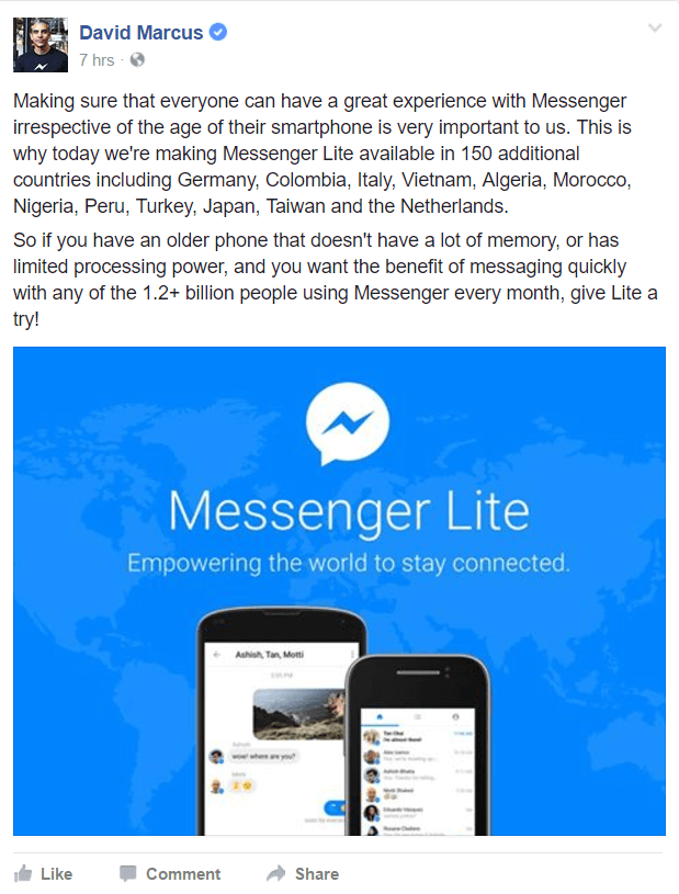 Facebook Messenger Lite is nu beschikbaar in meer landen over de hele wereld.