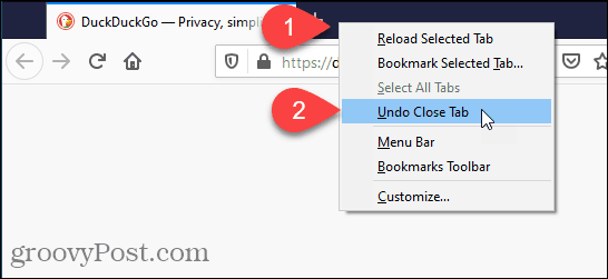 Selecteer Undo Close Tab in Firefox