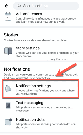 Optie voor instellingen voor mobiele meldingen van Facebook