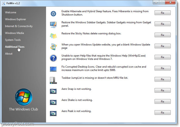 Screenshot van FixWin Extra fixes