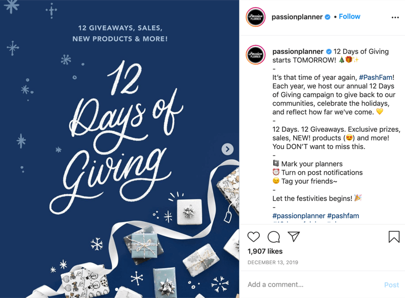 voorbeeld van een instagram-weggeefwedstrijd voor de 12 dagen van geven van @passionplanner waarin wordt aangekondigd dat de weggeefactie de volgende dag begint