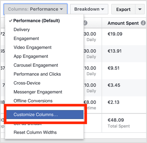 Facebook Ads Manager past kolommen aan