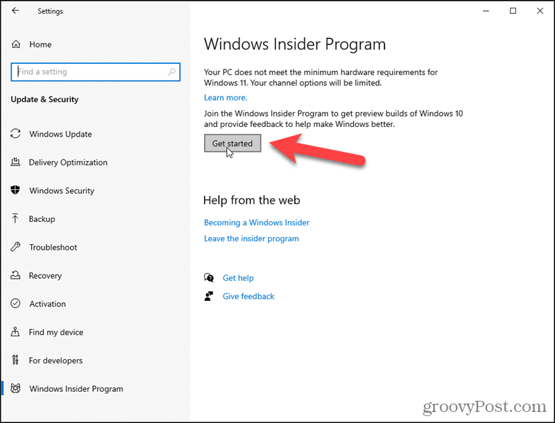 Klik op Aan de slag voor het Windows Insider-programma