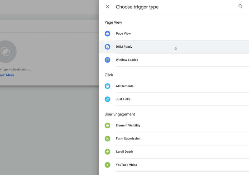 nieuwe google tag manager-tag met menu-opties voor het kiezen van een triggertype, waaronder paginaweergave, dom ready, alle elementen, formulierinzending en scrolldiepte, onder andere