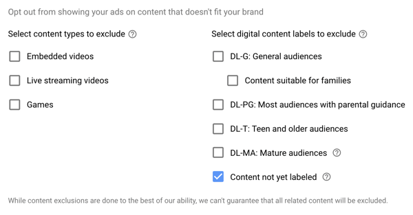 Hoe u een YouTube-advertentiecampagne opzet, stap 15, stelt uitgesloten typen en labelopties in