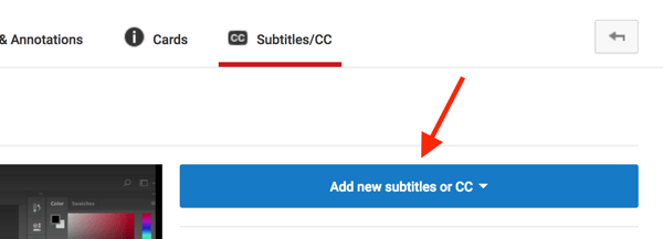 Open je YouTube-video in Video Creator en klik op Nieuwe ondertitels toevoegen of CC.