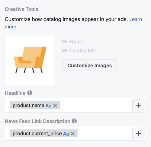 Gebruik de menu-opties van het Facebook-evenementinstellingsprogramma, stap 30, om aan te passen hoe catalogusafbeeldingen in Facebook-advertenties worden weergegeven