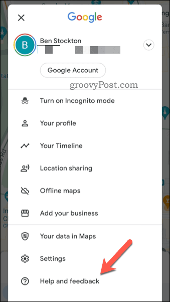 Open het feedbackmenu van Google Maps