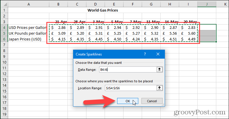 Maak een Sparklines-dialoogvenster in Excel