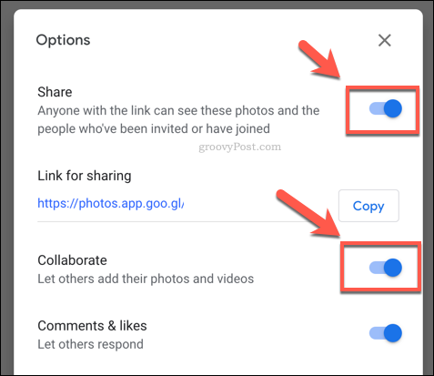 Opties voor het delen van albums in Google Foto's