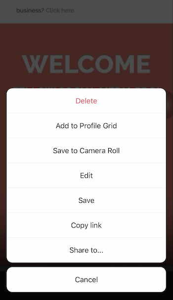 screenshot van menu-opties voor het delen van Instagram-rollen die de mogelijkheid bieden om te delen op hun profiel, filmrol, link kopiëren of delen met ...