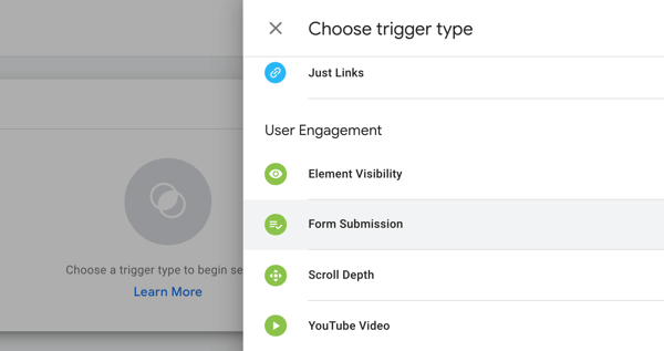 Gebruik Google Tag Manager met Facebook, stap 19, menu-opties om het triggertype te kiezen in Google Tag Manager