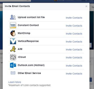 Facebook-pagina e-mailcontact importfunctie