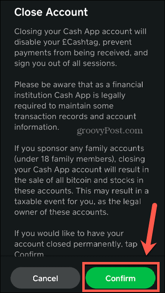 cash-app bevestigt verwijderen