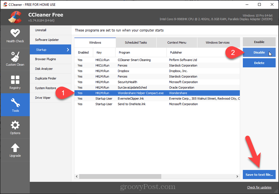 Opstartprogramma's in CCleaner