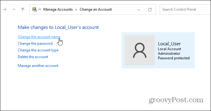 verander accountnaam configuratiescherm