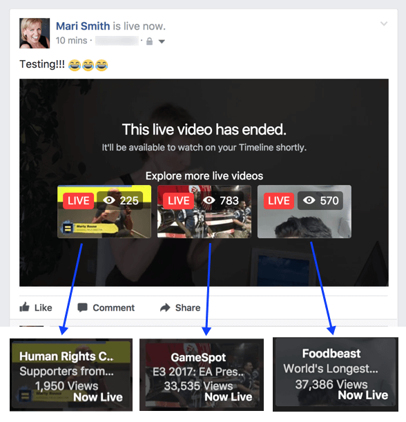 Facebook lijkt te experimenteren met een nieuwe functie die gerelateerde livevideo's suggereert nadat een uitzending is beëindigd.