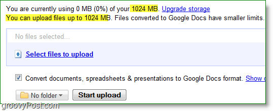 google docs nieuwe upload alles limiet is 1024mb of 1GB