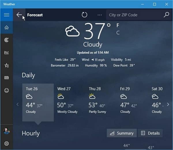 Windows 10 Weather App Forecast