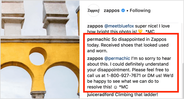Op Instagram kun je op vermeldingen reageren met een opmerking die de @gebruikersnaam van de klant bevat. 