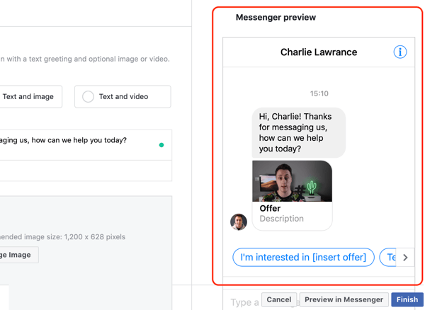 Hoe u warme leads kunt targeten met Facebook Messenger-advertenties, stap 14, voorbeeld van aangepaste sjabloon voor Messenger-bestemming