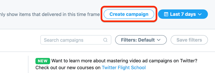 screenshot van Twitter-advertentiesaccount en de optie om een ​​campagne te maken