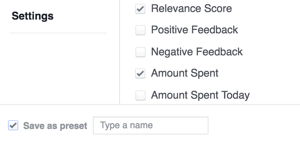 Sla uw Facebook-resultateninstellingen op als een sjabloon.