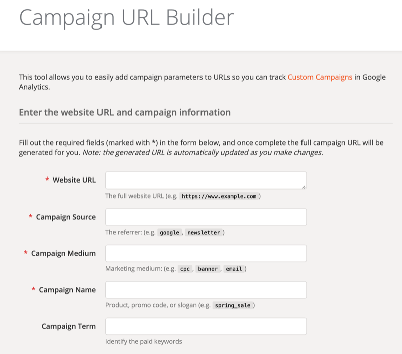 Configuratiescherm voor het hulpprogramma Google Analytics Campaign URL Builder