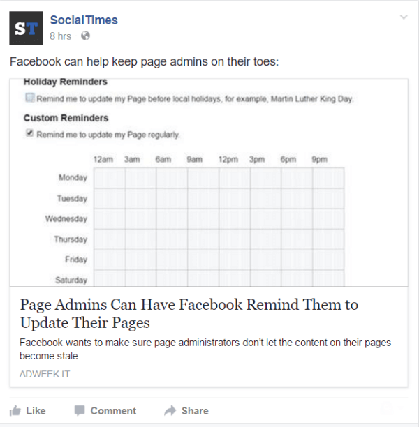 Facebook voegt de mogelijkheid toe om herinneringen in te stellen voor paginabeheerders.