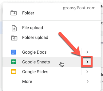 Selecteer Google Spreadsheets en plaats de muisaanwijzer op het pijlsymbool