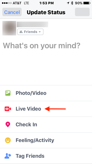 Tik in je Facebook-statusupdate op Live video.