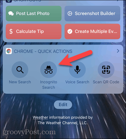 Tik op Incognito zoeken in de Chrome-widget op iOS