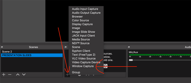 selecteer de optie Window Capture in OBS Studio